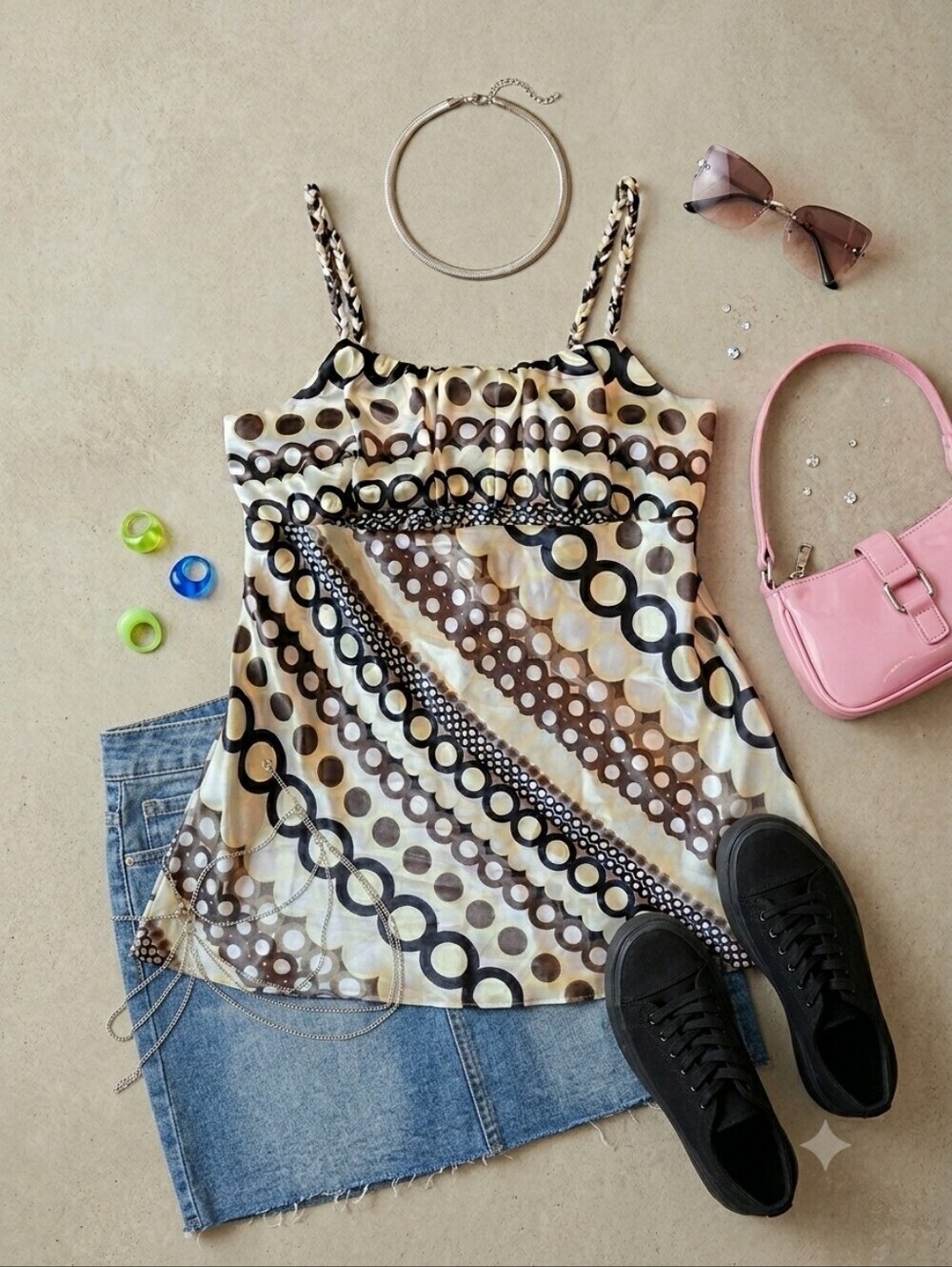 90s Y2K A. Byer Yellow Black Brown White Geometric Print Silky Tank Top
